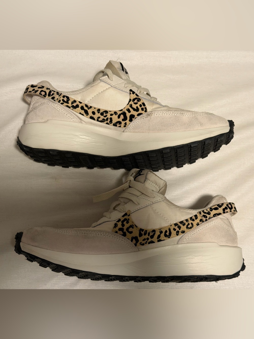 Nike Women's Cream Sneakers with Leopard Swoosh